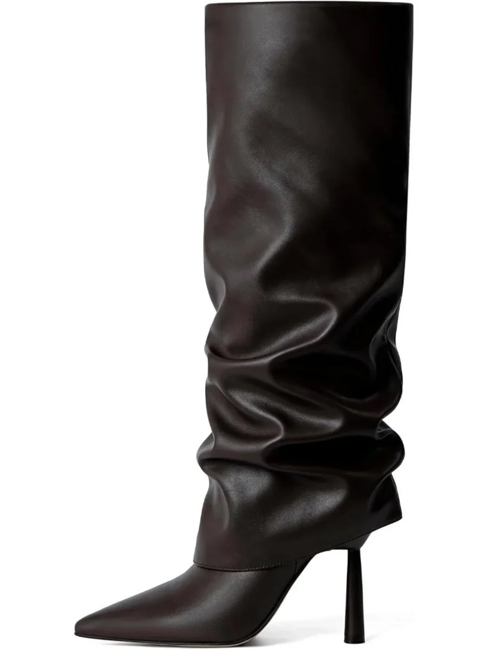 Women's Chocolate Stiletto Heel Pointed Toe Side Zipper Knee High Shark Boots